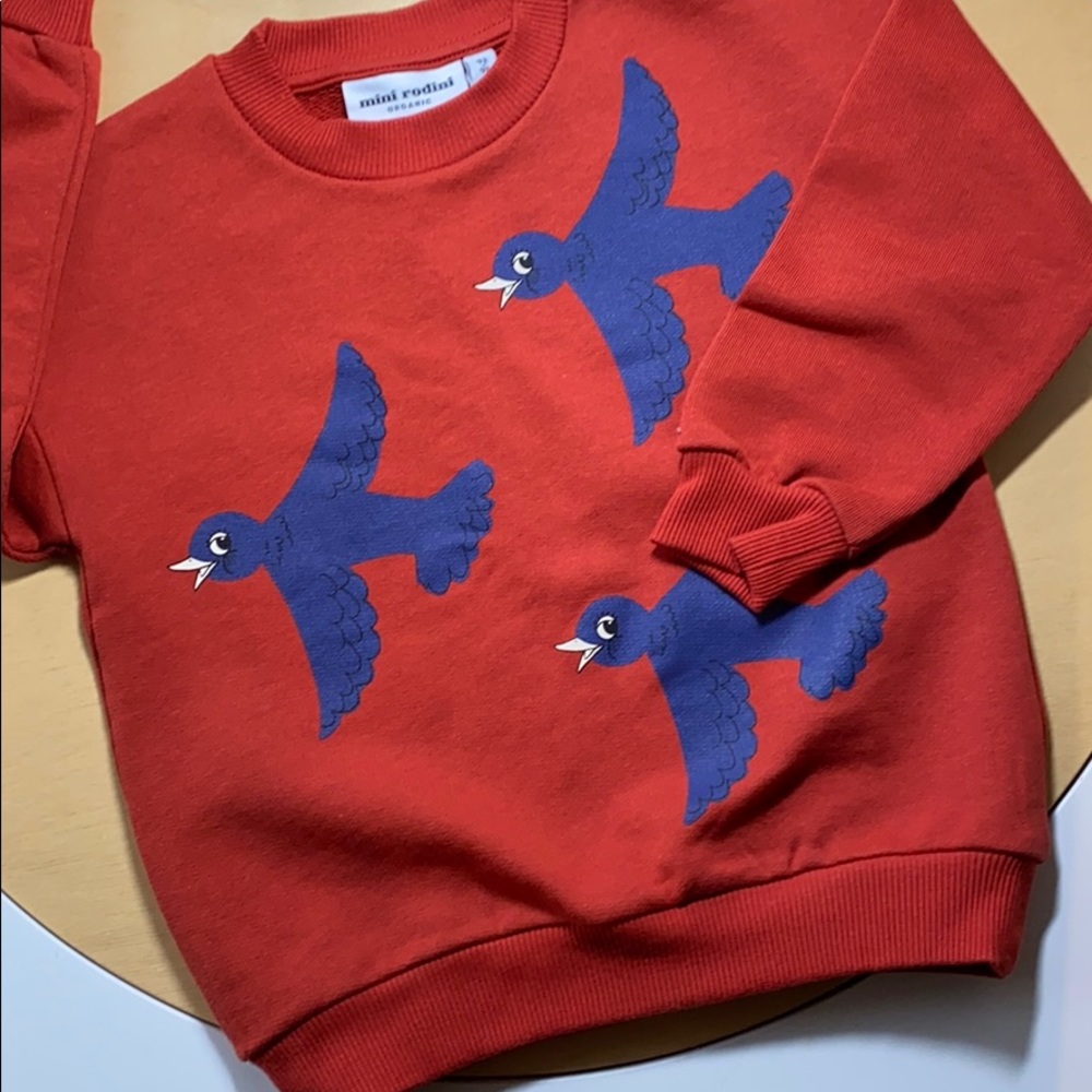 Mini rodini blue bird red burnt orange crew neck - Picture 1 of 3